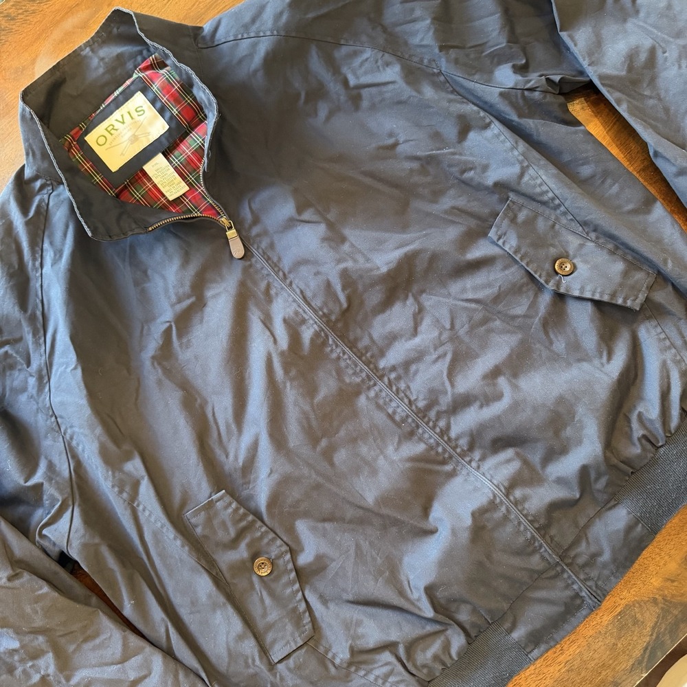 Orvis Jacket Mens 2XL Blue Microfiber Plaid Lined Bomber Full Zip Pockets